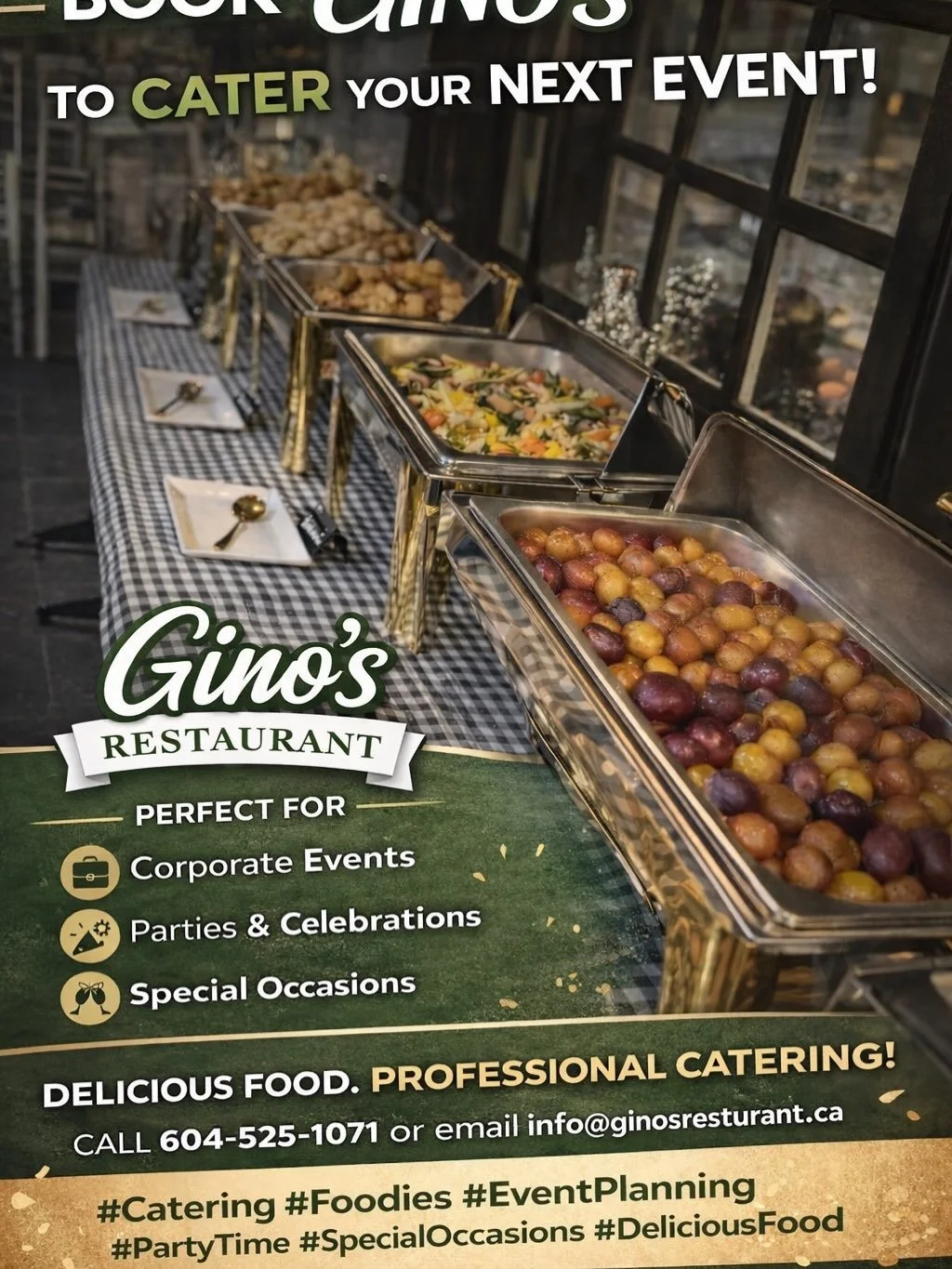Make your next event unforgettable at Gino&rsquo;s or with our Catering 🍽️✨

From corporate events to family celebrations, we provide delicious food and professional service at Gino&rsquo;s or straight to you. Fresh ingredients, authentic flavours, 