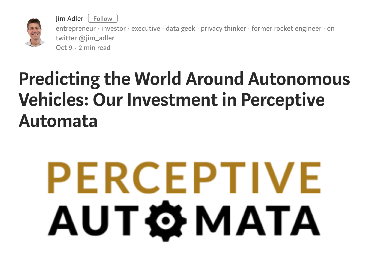 MEDIUM: Predicting the World Around Autonomous Vehicles: Our Investment in Perceptive Automata