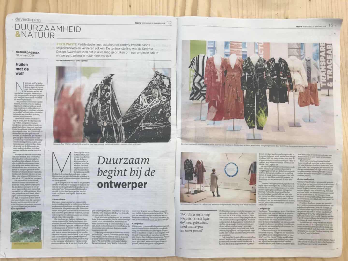 30, January, 2019 “Ook mode kan zero waste zijn: met kant van boomschors en stof van douchegordijn” from Trouw newspaper