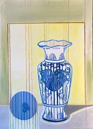A painting of a blue and white vase and a ball set against a yellow background. The painting is done in the signature style of Artist Leslie Pierce.