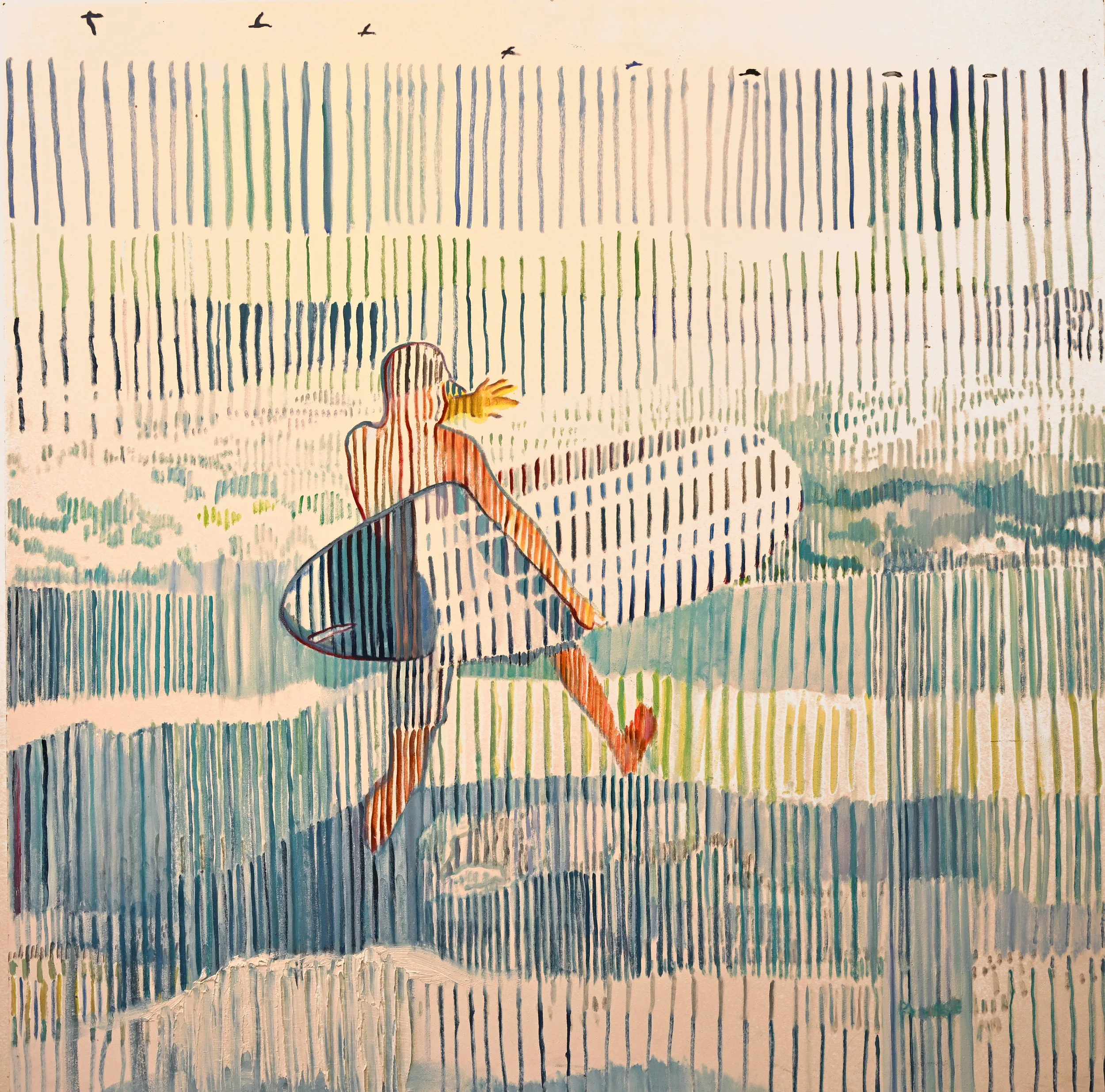 A painting of a surfer wading through rough waters at La Jolla Shores in Artist Leslie Pierce's abstract figurative signature style. The surfer is forging through rough waters.