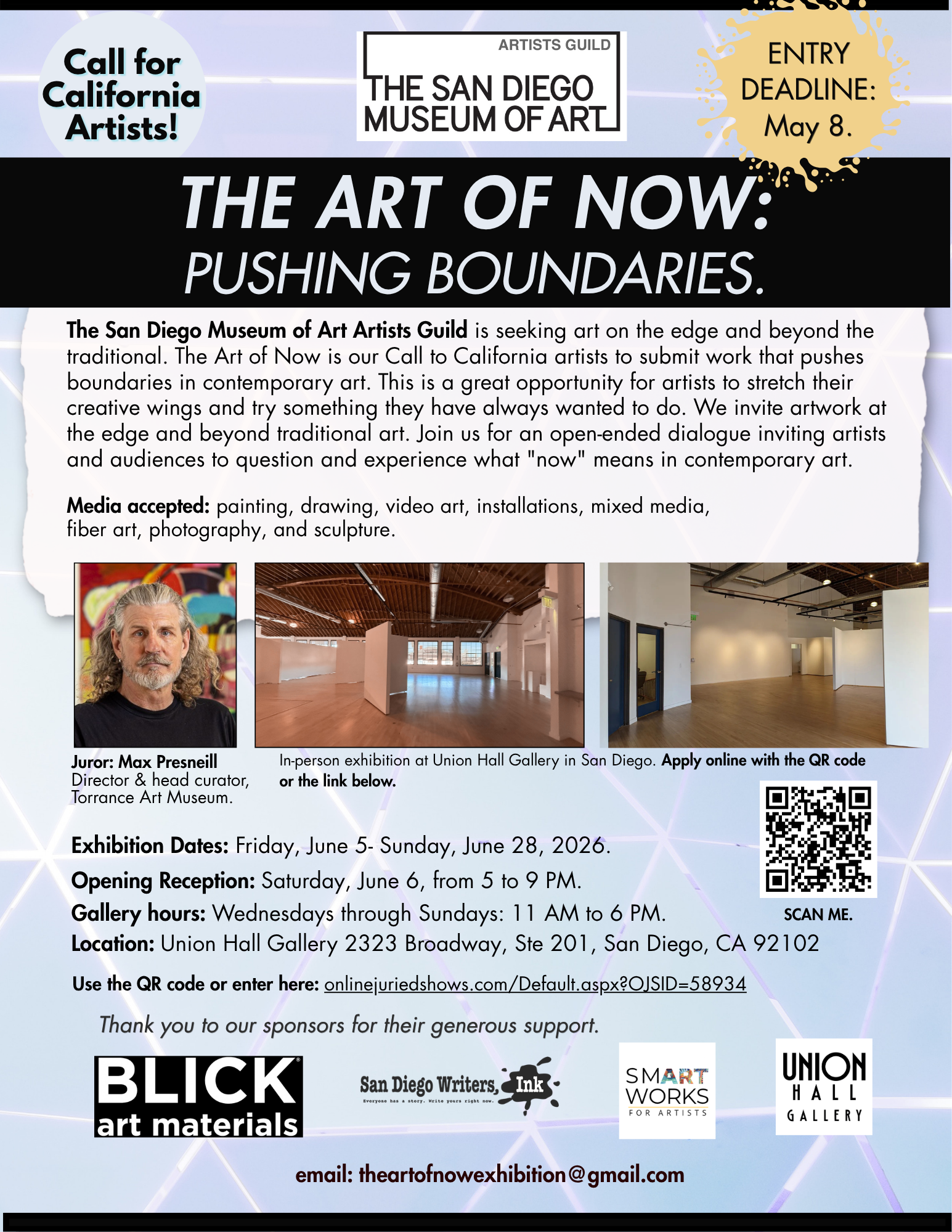 Call for California Artist Submissions. THe Art of Now-Pushing Boundaries, June 2026 at U*nion Hall Gallery.