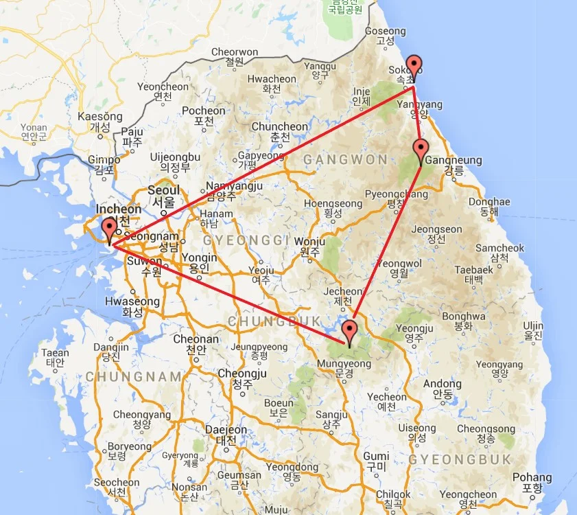 Our route over the course of five days, from Saturday morning to Wednesday night.
