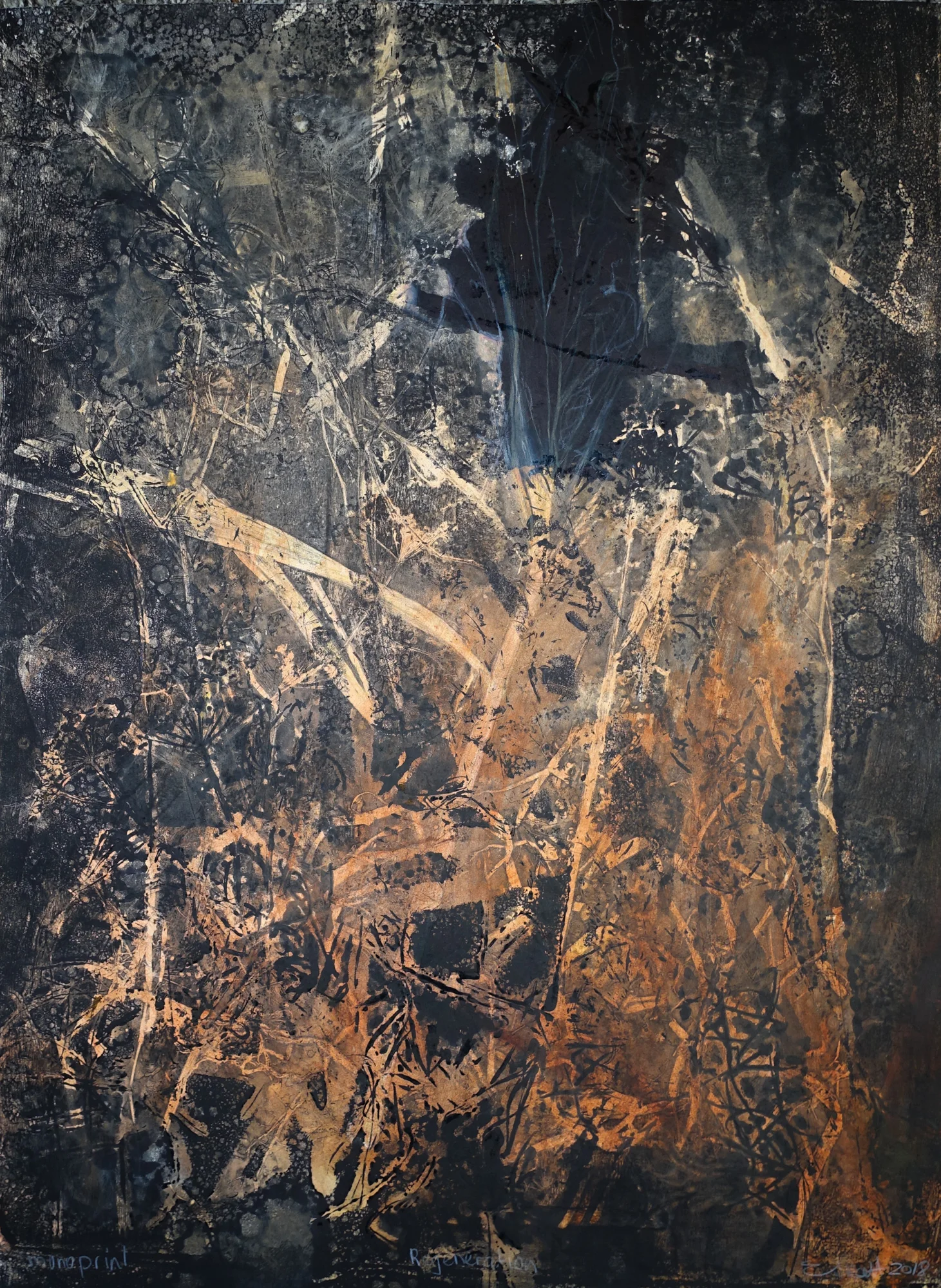   Regeneration/red ochre,  2018,   monotype on Magnani Pescia paper, 55.5cm x 75.5cm 