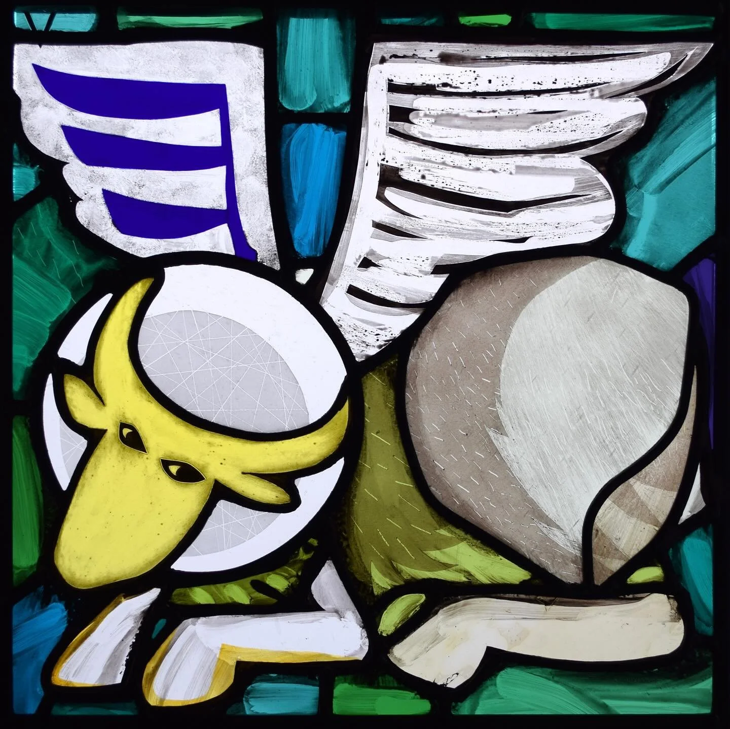 Saturday was the Feast Day of St Luke. Here is a panel from a stained glass commission of the Four Evangelists that I designed and made a few years ago. It depicts St Luke as the winged ox from Revelation 4:7.
#stainedglass #stainedglassart #contemp