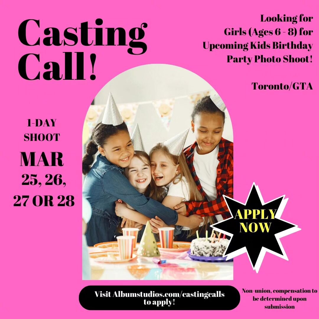 CASTING GIRLS AGES 6-8 FOR A KIDS BIRTHDAY PARTY SHOOT FOR CANADIAN RETAILER!

Looking to cast girls (ages 6-8) for a Kids Birthday Party shoot! Open ethnicity casting. BIPOC encouraged to apply! 

SHOOT DATE: 1-day shoot on either March 25, 26, 27 o