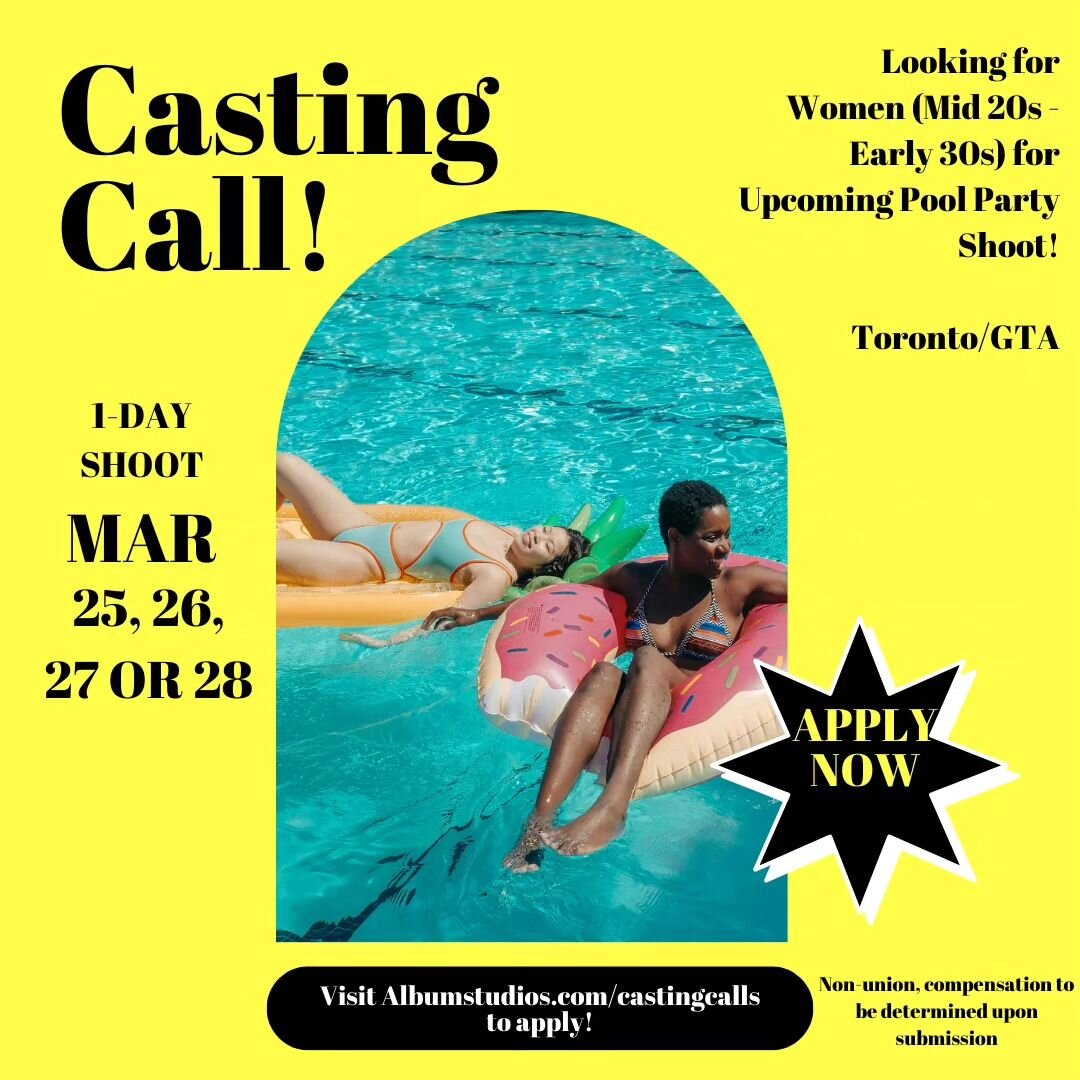 CASTING WOMEN FOR A POOL PARTY SHOOT FOR A FAMILY-FRIENDLY CANADIAN RETAILER!

Looking to cast women (mid-20s to early 30s) for a Pool Party shoot for a family-friendly Canadian retailer! Diverse body-type and open ethnicity casting. BIPOC encouraged
