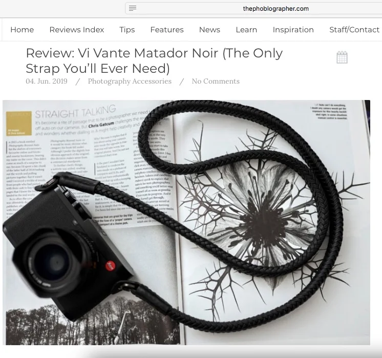 The Photoblographer Blog post on the "Matador Noir" Leather Camera Strap