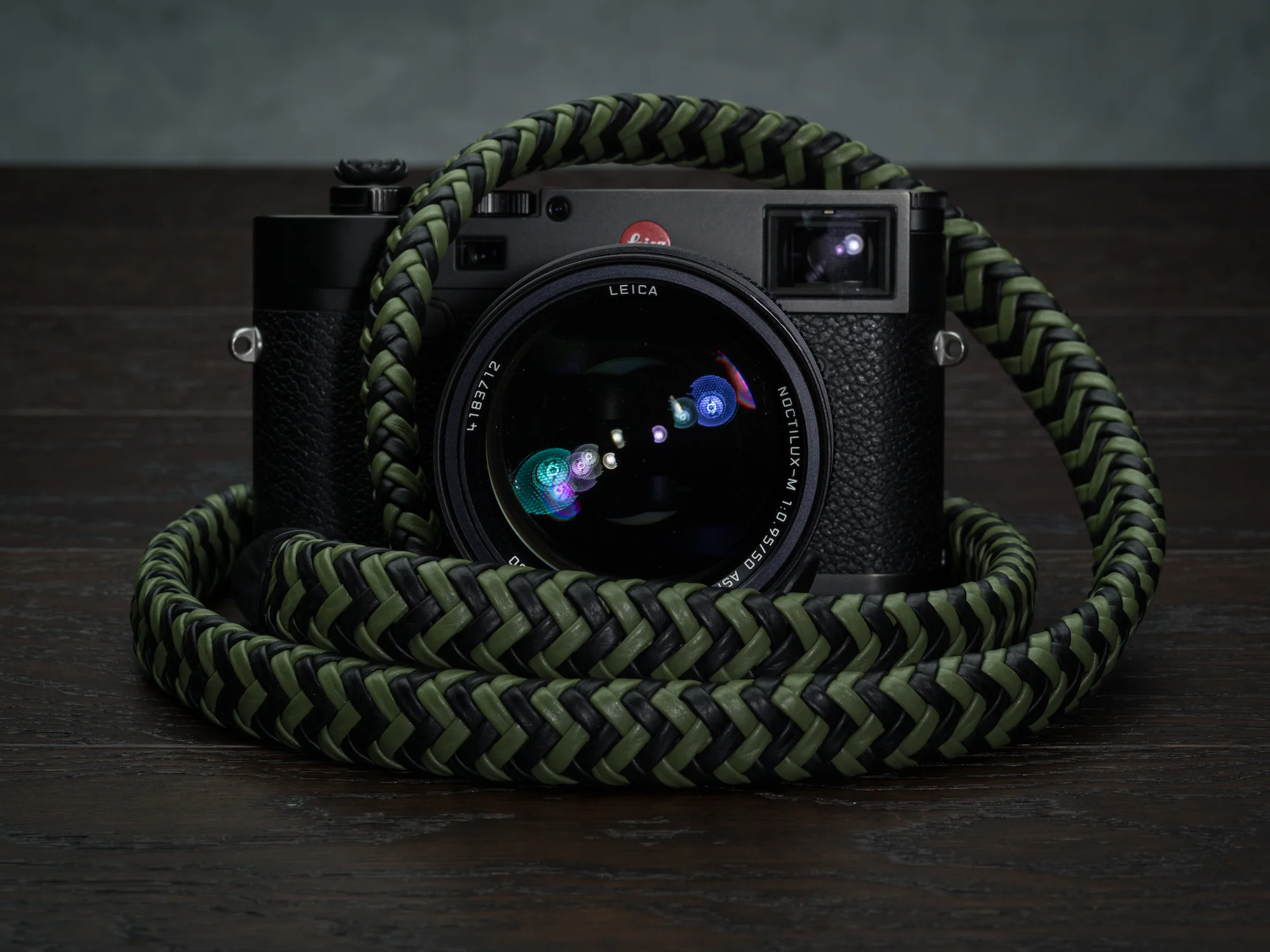 leather braided camera strap green black