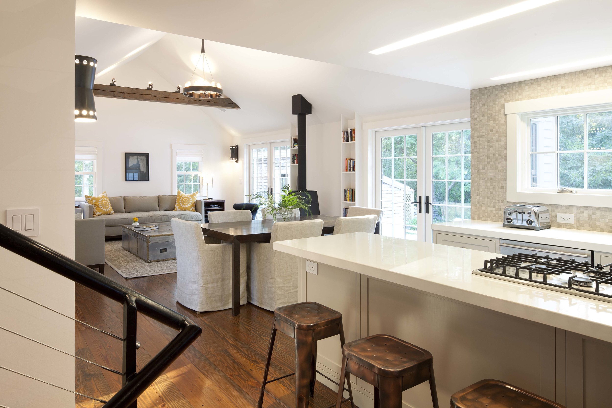  Open european style kitchen with concrete countertops. 