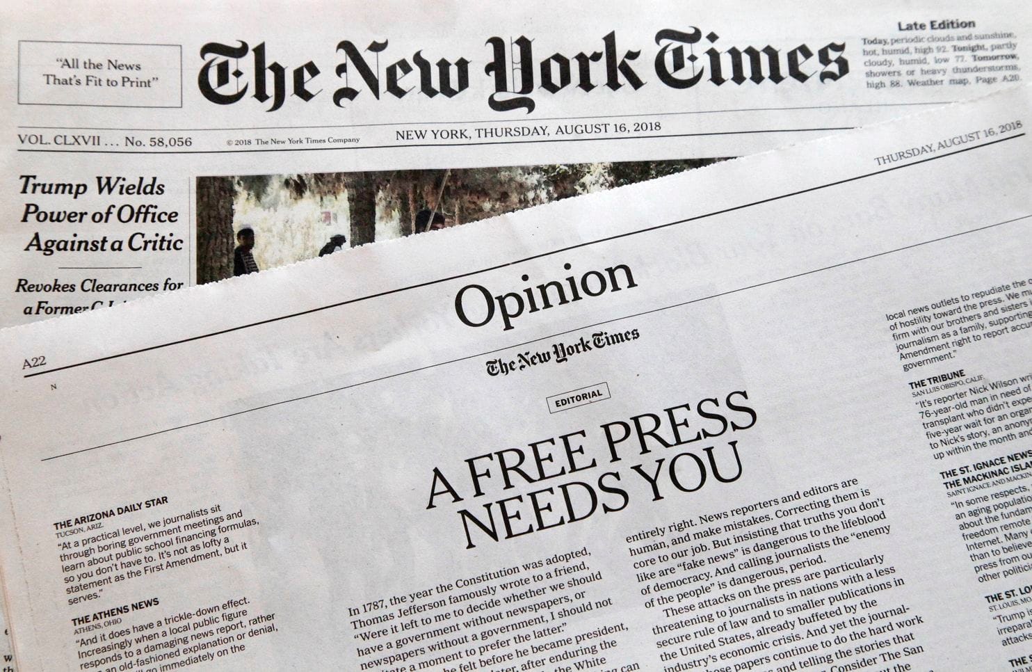 This picture of the New York Times Opinion page on Thursday is from the Washington Post, whose editorial board declined to join the collective effort organized by the Boston Globe .