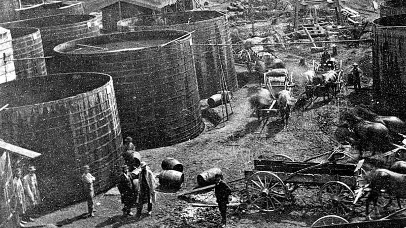 Holding tanks in Pithole, just before Samuel Van Syckel built the first oil pipeline linking the Frazier well to the railroad station five miles away. Photo courtesy Drake Well Museum . More info at American Oil & Gas Historical Society.