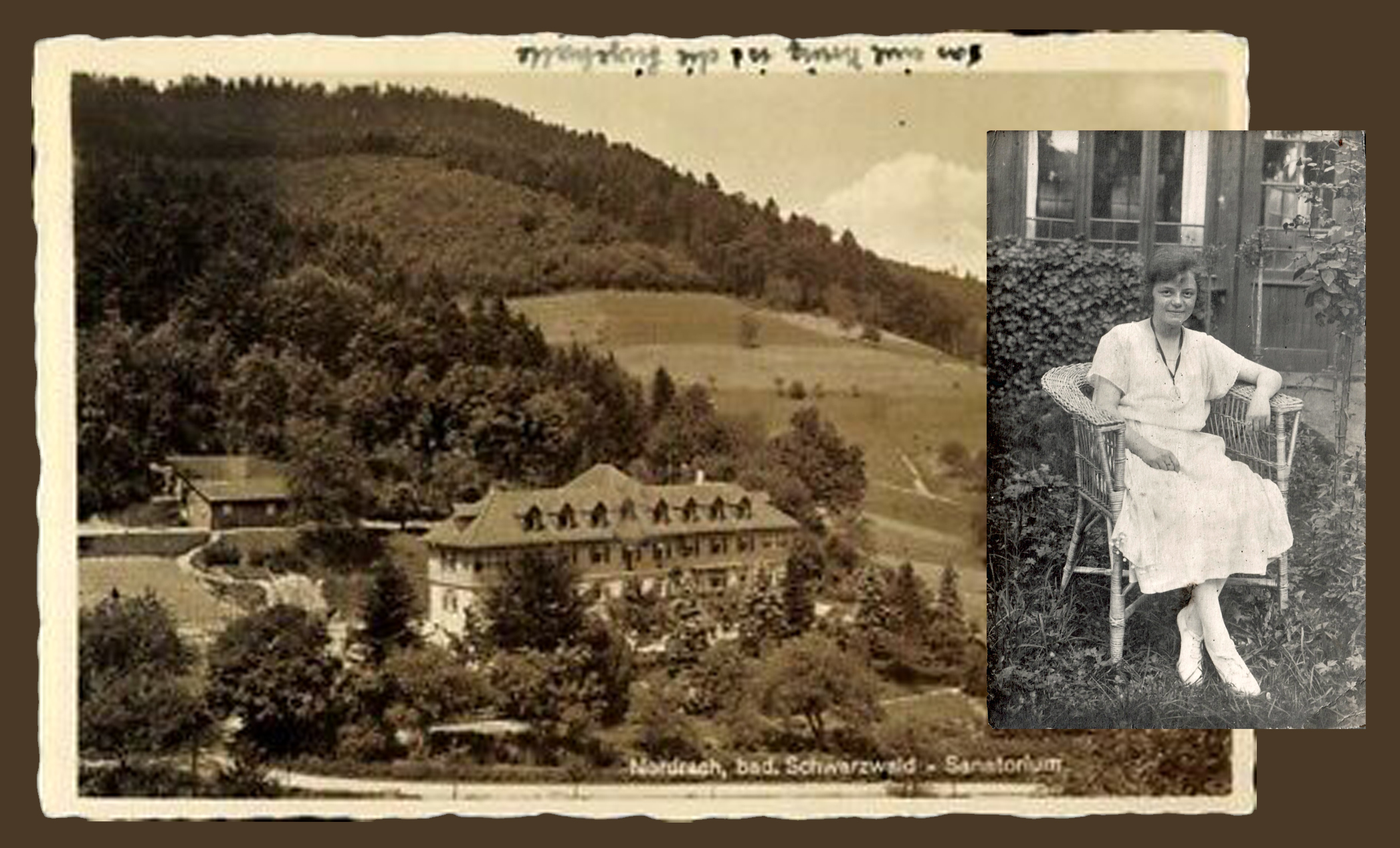 The postcard depicts the Nordrach Sanatorium. Elsa is seated outside her room, breathing in the fresh air of the Black Forest.