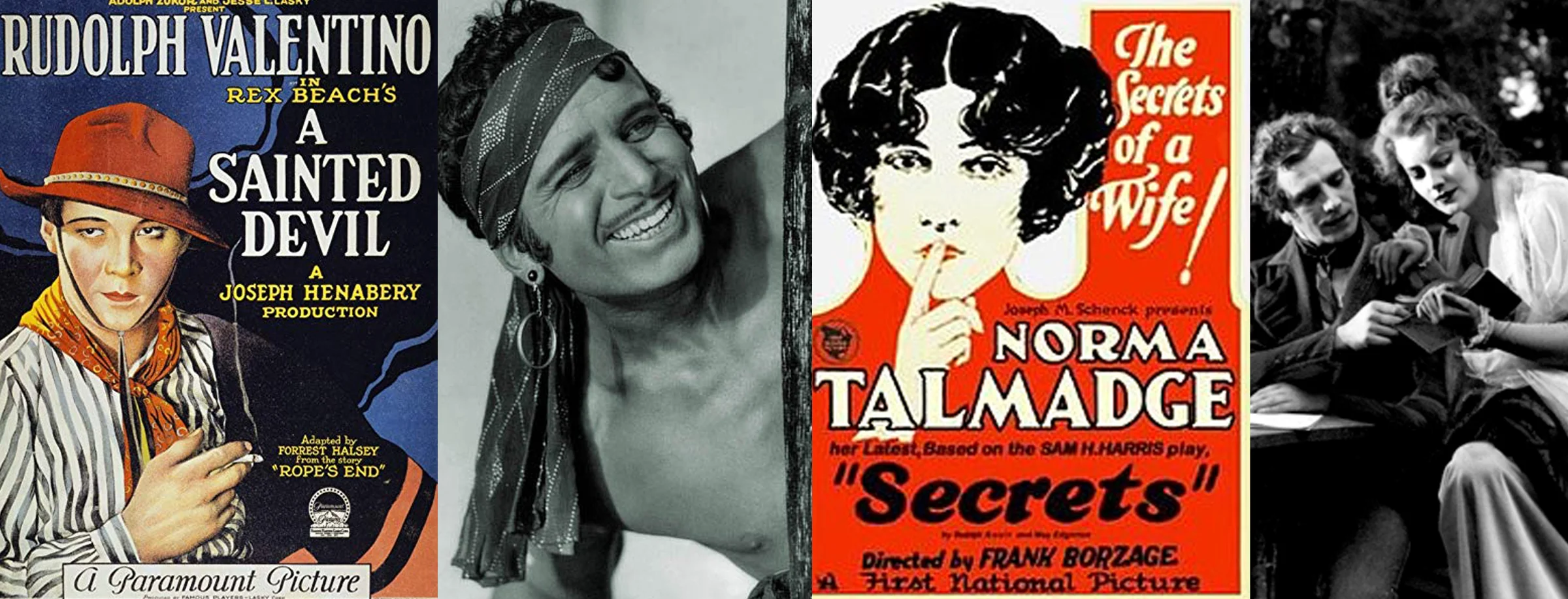 Here are some 1924 releases with a few of Mom’s favorite stars. Left to right: Rudy Valentino in A Sainted Devil , swashbuckling Douglas Fairbanks in The Thief of Bagdad, glamorous Norma Talmadge in Secrets , and a young Greta Garbo in the Swedish film, Gösta Berlings Saga.