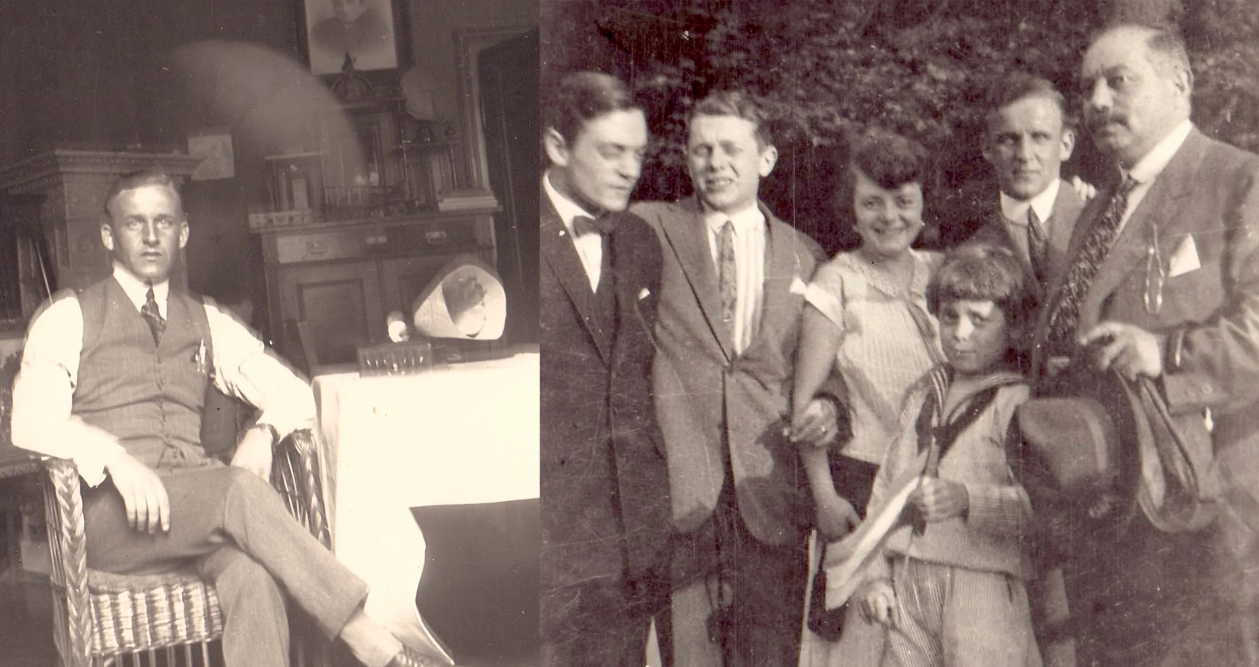 1924 Left: Elon Andersen, Elsa’s Swedish beau, in the Stern apartment. Right: the family picture includes brother Günter, brother Gerhart, Elsa, young brother Joe (Buby), Elon, and Papa (Willy).