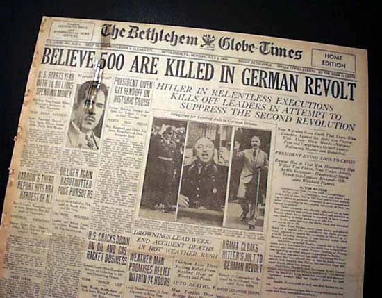 Hitler used the fear of instability to justify the execution of all political rivals. Newspaper photo courtesy of www.britannica.com