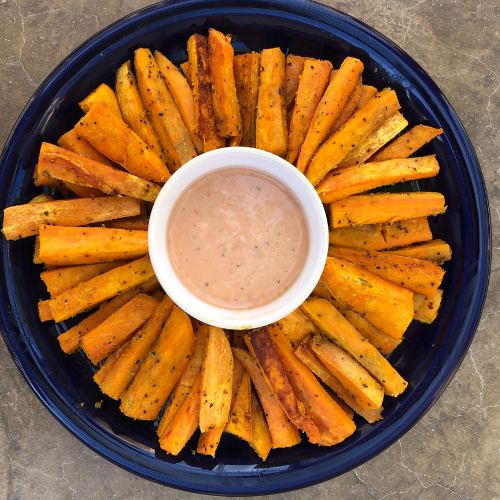 Crispy Sweet Potato Fries with Healthy High Protein Fry Sauce