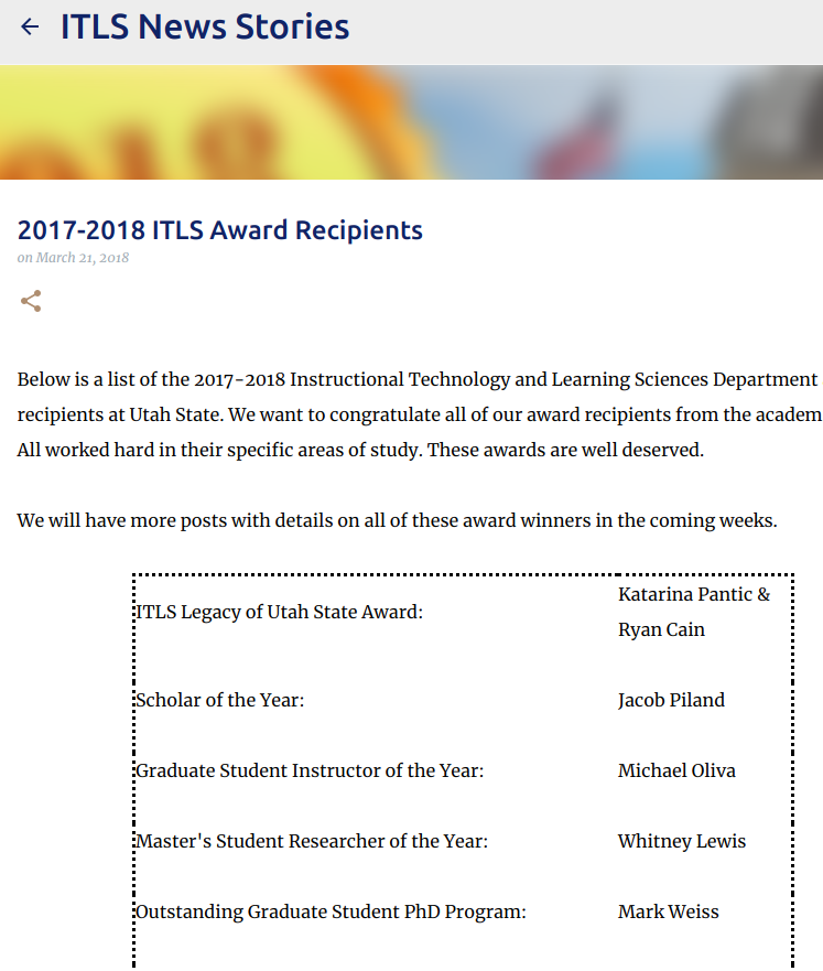 L.E.D. LAB STUDENTS RECEIVE DEPARTMENT AWARDS Several members of the L.E.D. Lab were recognized for their outstanding work during the 2017-18 school year by the Instructional Technology and Learning Sciences Department.