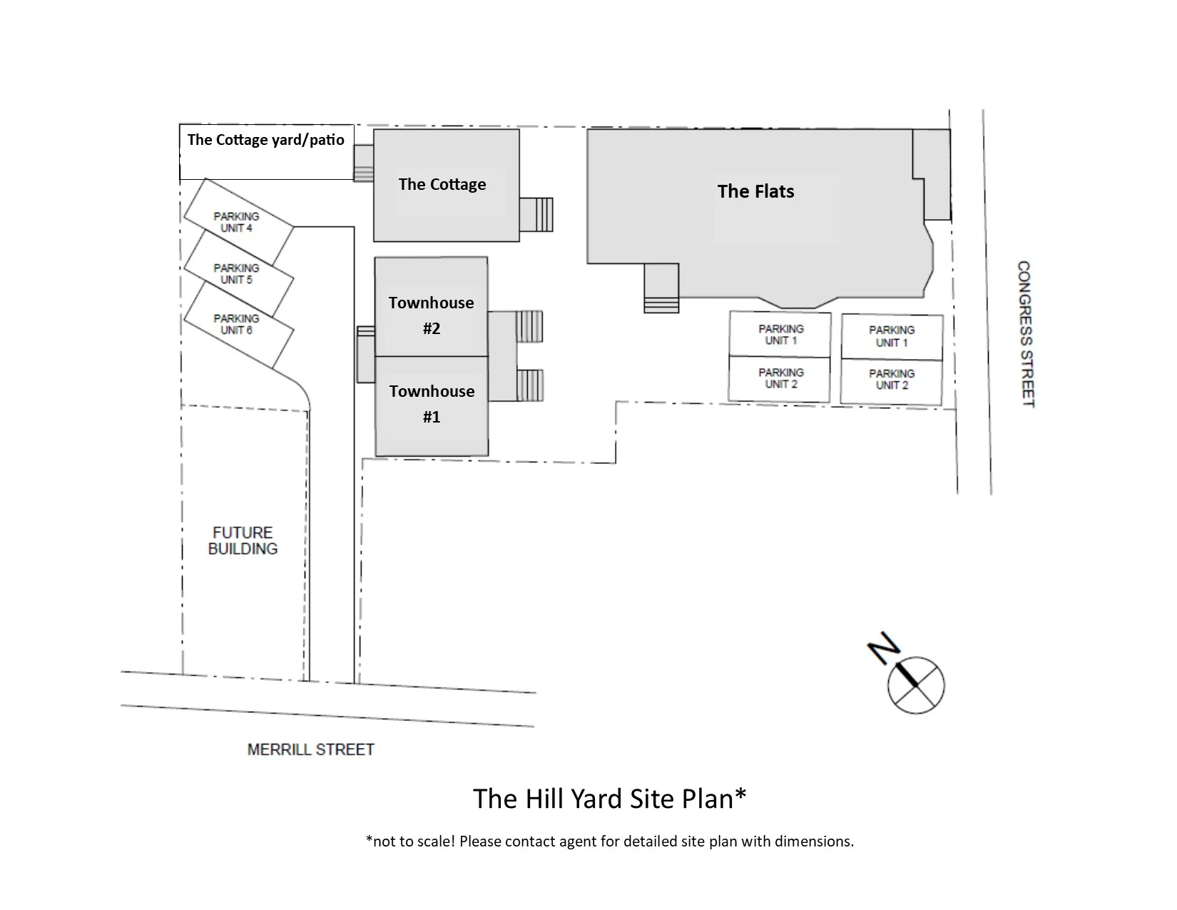 The site plan includes six units, dedicated parking for five of the units and shared green space.