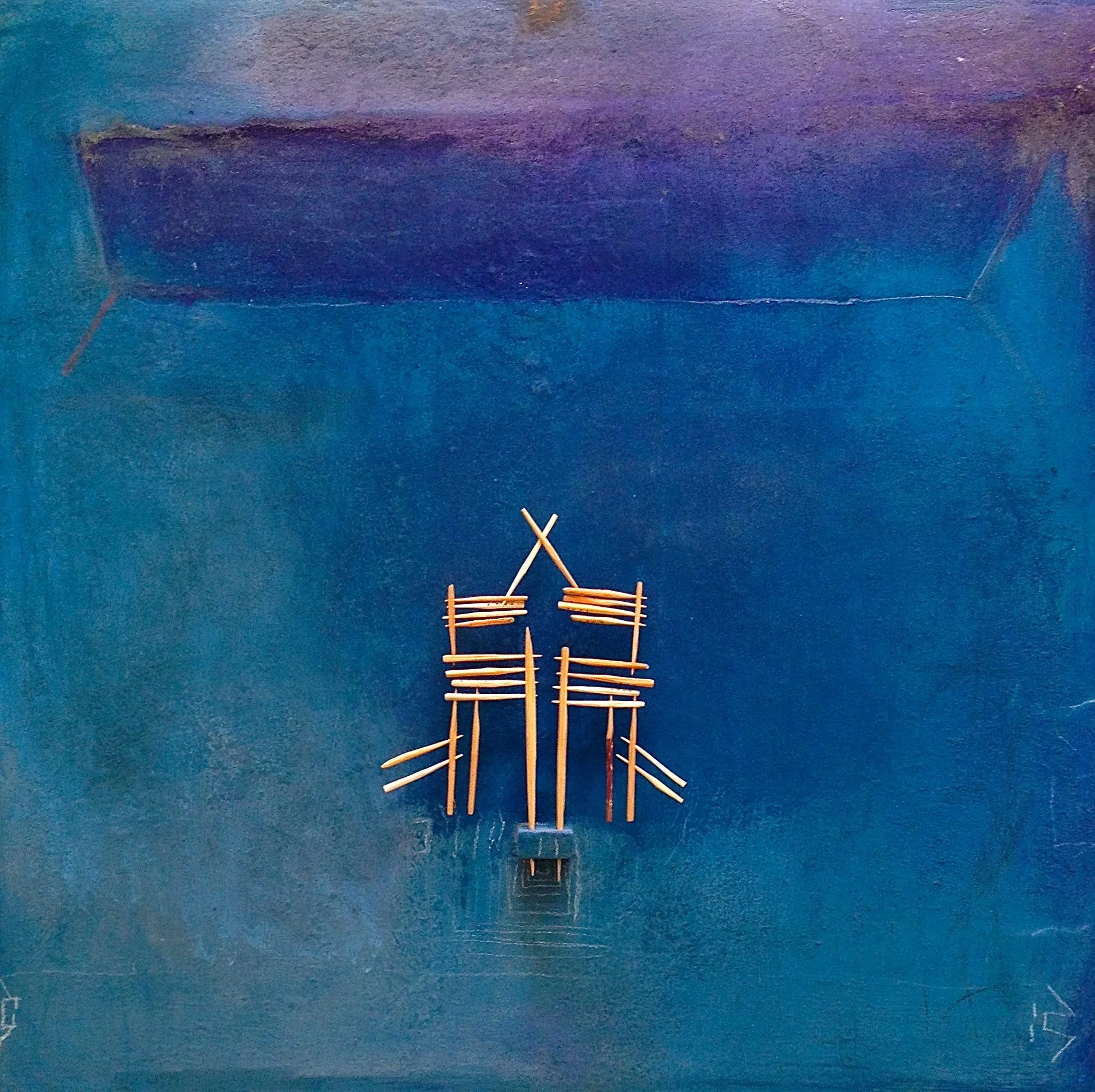 Square 100x100cm (Pigment / ash / cement / chalk / oil) + pieces of wood, ‘‘ chopsticks ‘‘ . cut, drilled and assembled. .