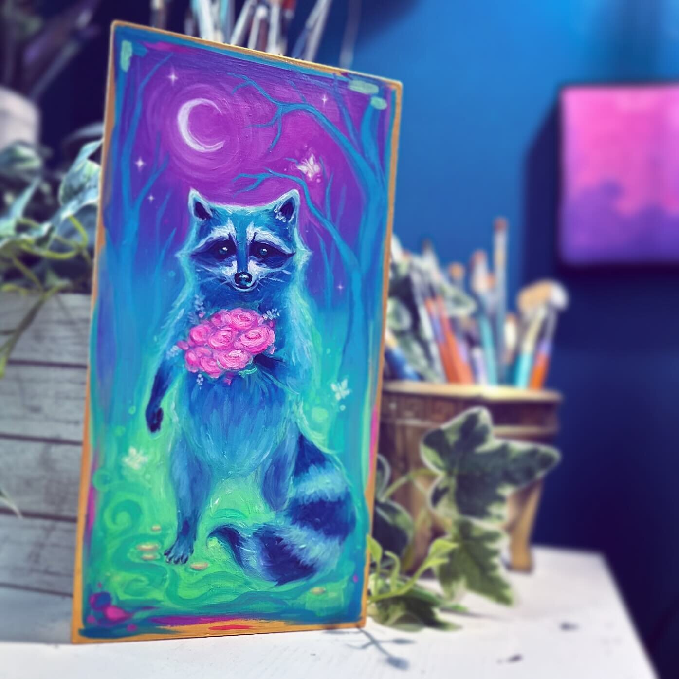 I forgot to post this trash bb I painted over Valentine&rsquo;s Day! 💜🦝✨

The flowers are totally for his ballerina opossum lover 🤩

Anyway, I know I&rsquo;ve been pretty quiet lately! I&rsquo;ve been frantically working to finish up my last open 