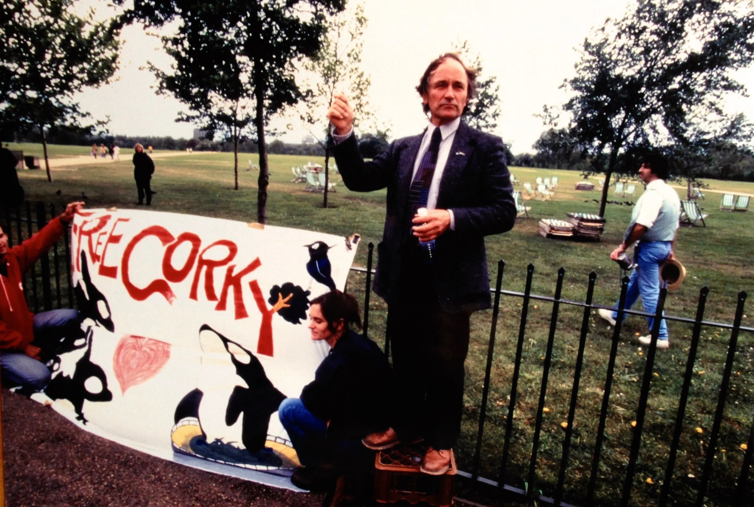 Dr. Paul Spong with the Corky Banner in London, England in 1997.