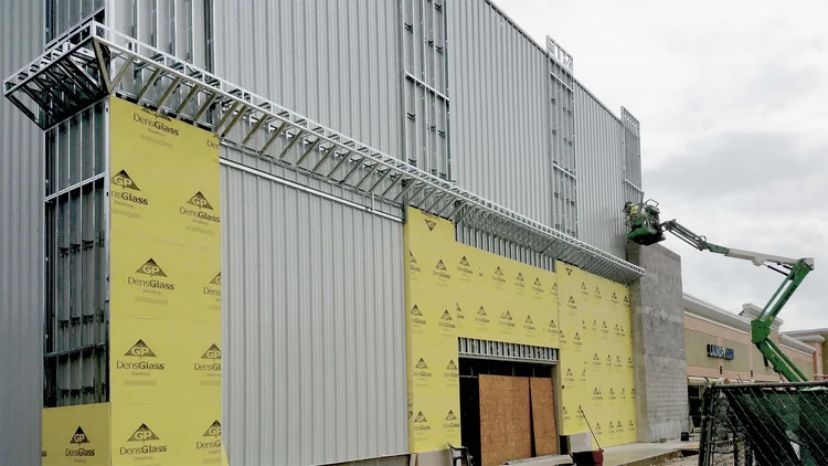 Exterior framing and EIFS on a commercial facade