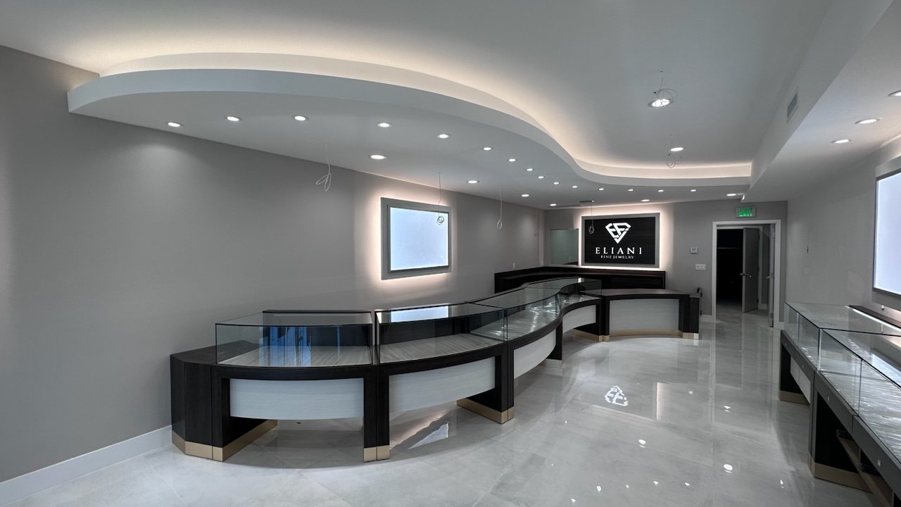 Finished jewelry showroom at Boca Raton Mall with curved cove ceilings