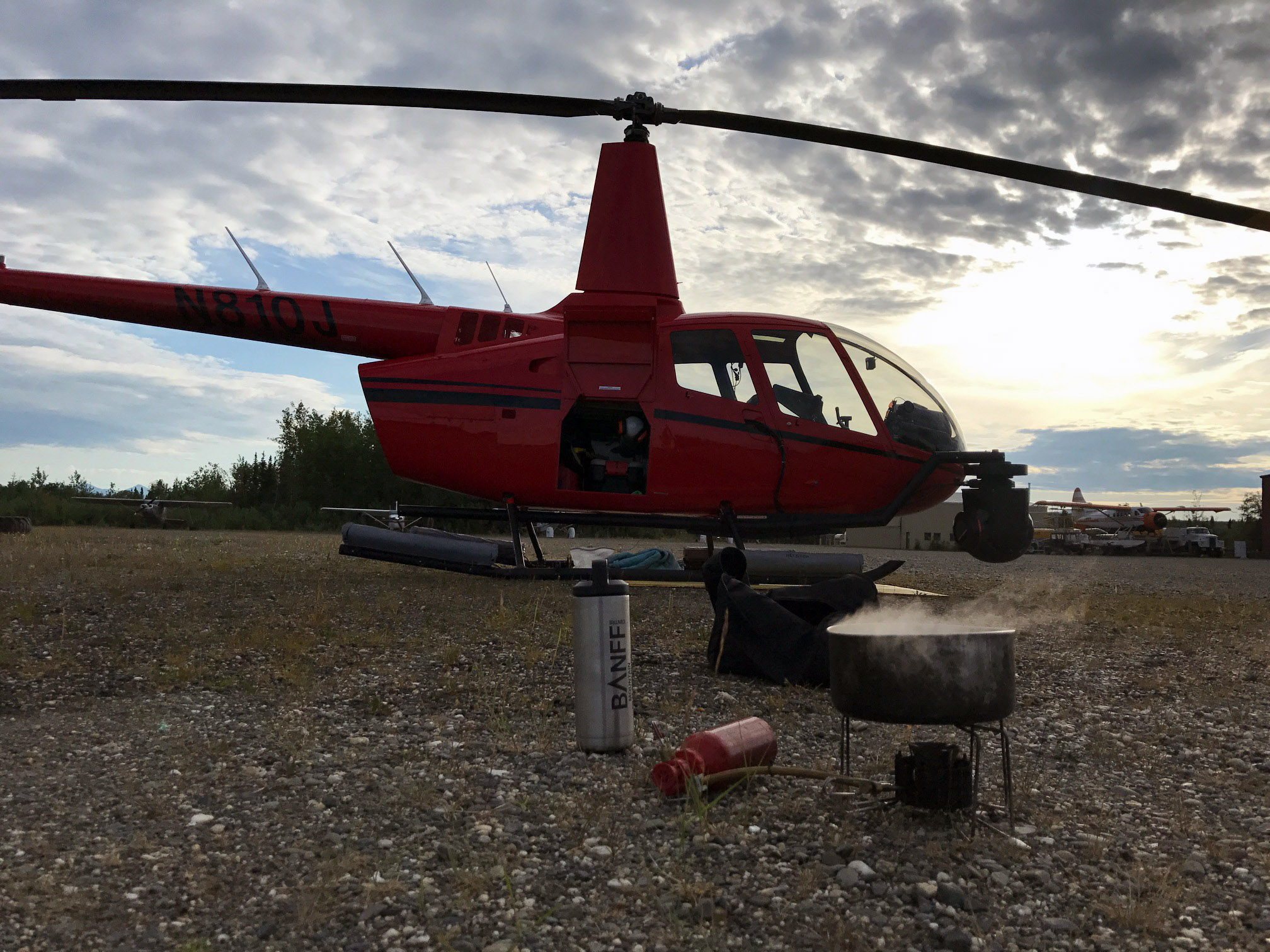 The ZatzWorks R66 helicopter and coffee making kit are always ready (or waiting) for golden hour in Alaska.