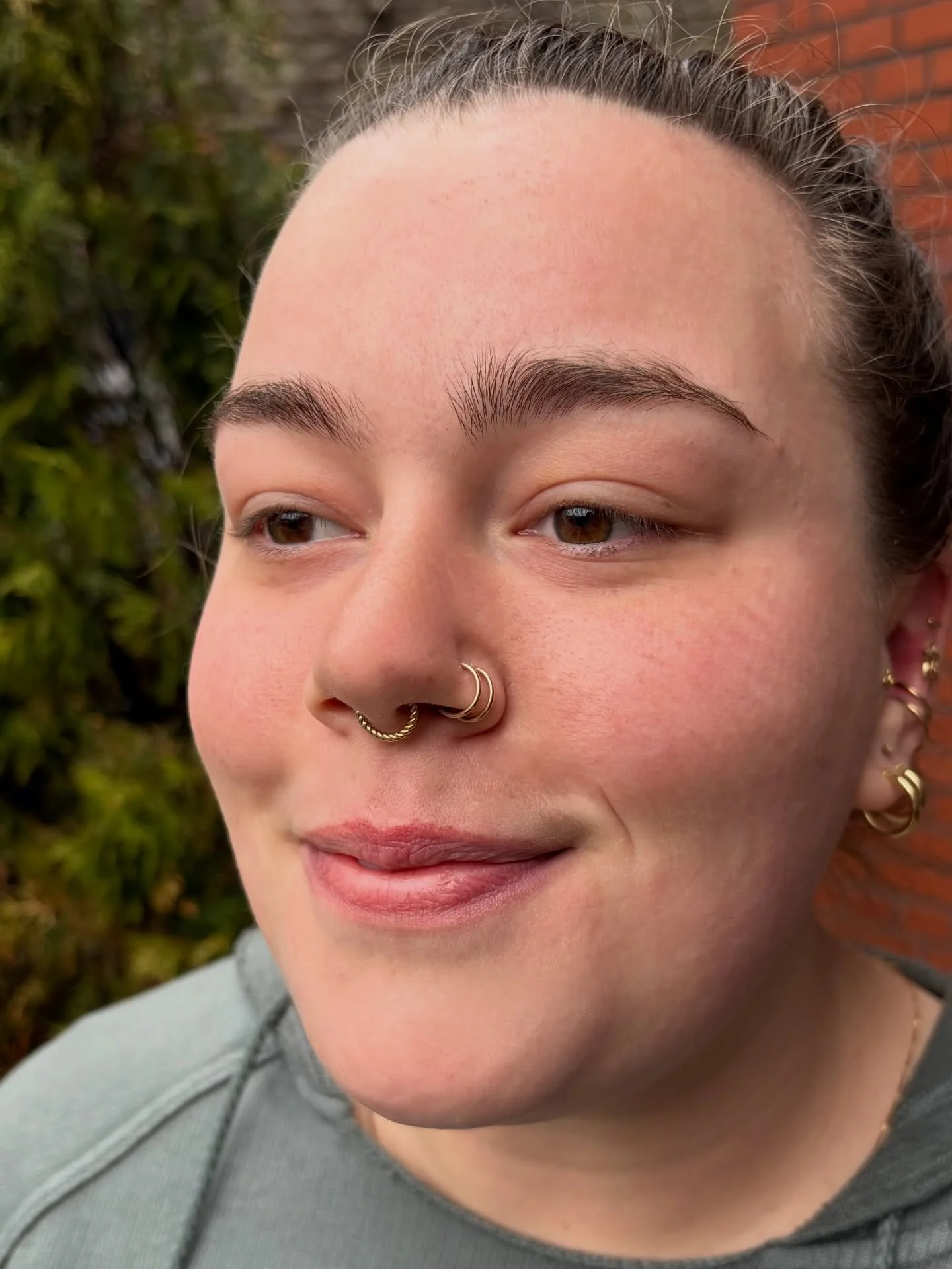 Beautifully healed paired nostrils + septum, adorned in 14k yellow gold. ✨