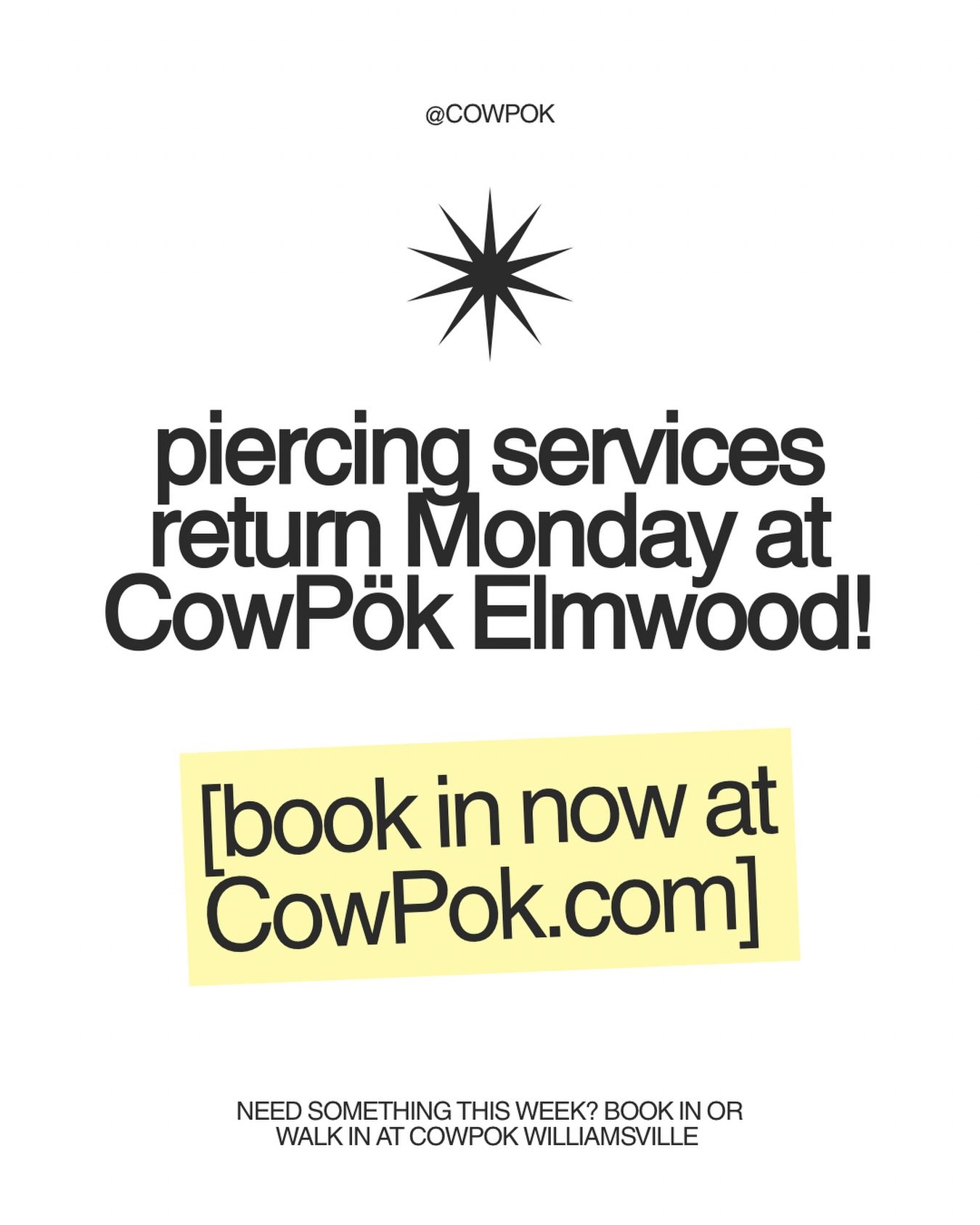 Missing us? We&rsquo;ll be back soon. In the meantime, book in at @cowpokwilliamsville ✨