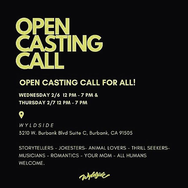 ATTENTION LOS ANGELES- OPEN CASTING CALL 
Whether you are interested in Reality TV,&nbsp;&nbsp;Film, Modeling, Comedy, Hosting or everything in between, we are interested in meeting you. Wyldside Media is searching for people of all ages, all types, 