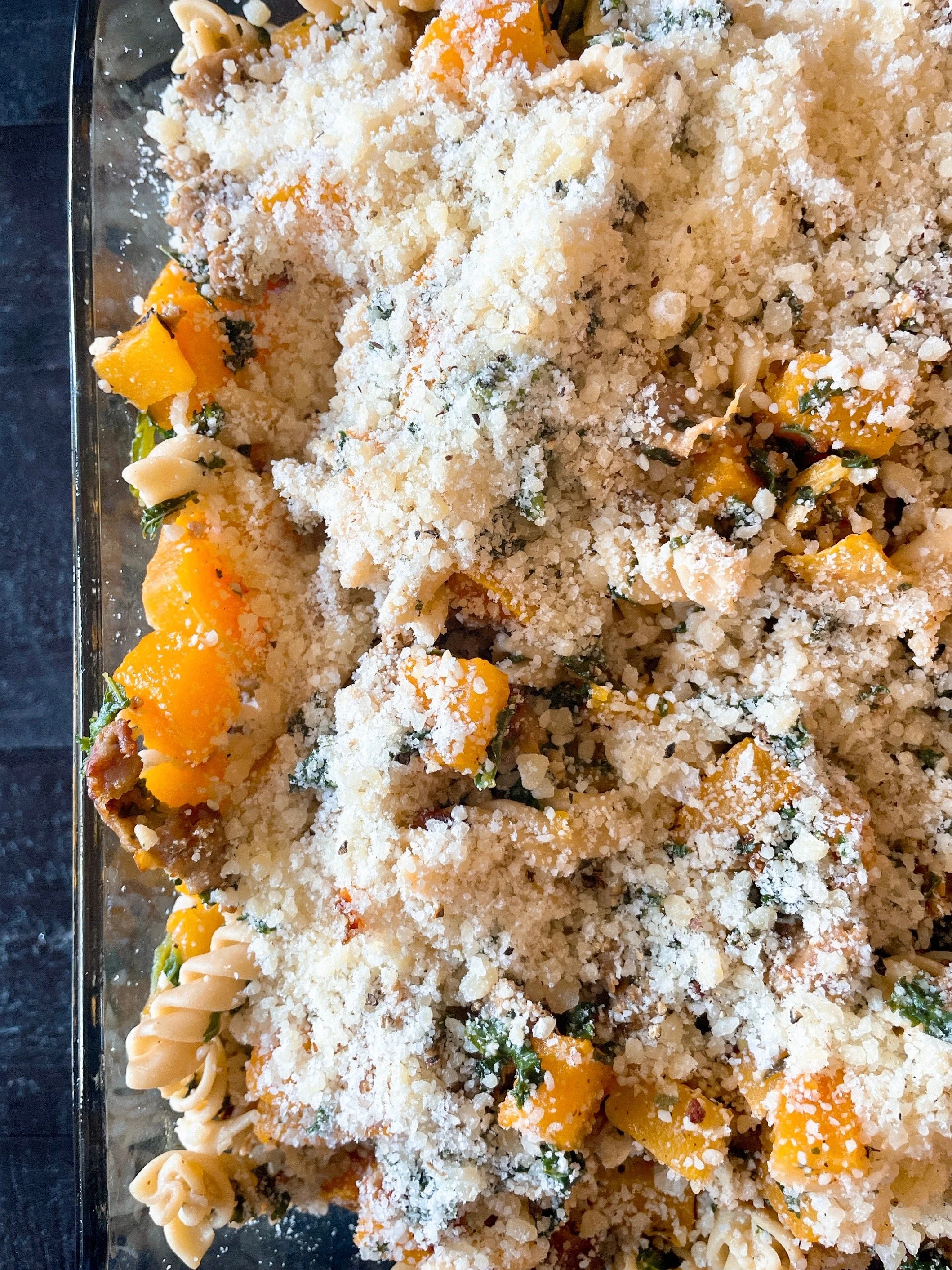 Lemony Butternut Squash Sausage Pasta with Kale & Parmesan