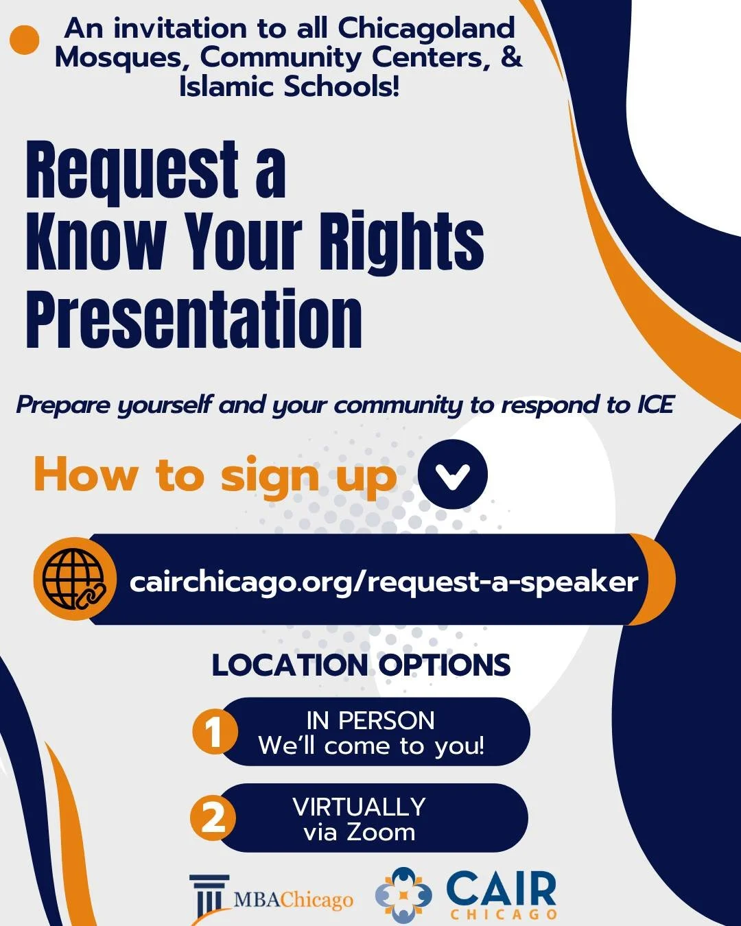 Know Your Rights! CAIR-Chicago & Muslim Bar Association offer trainings, request a speaker TODAY via www.cairchicago.org/request-a-speaker —link in bio!
We offer Know Your Rights presentations to help Chicagoland mosques, community centers