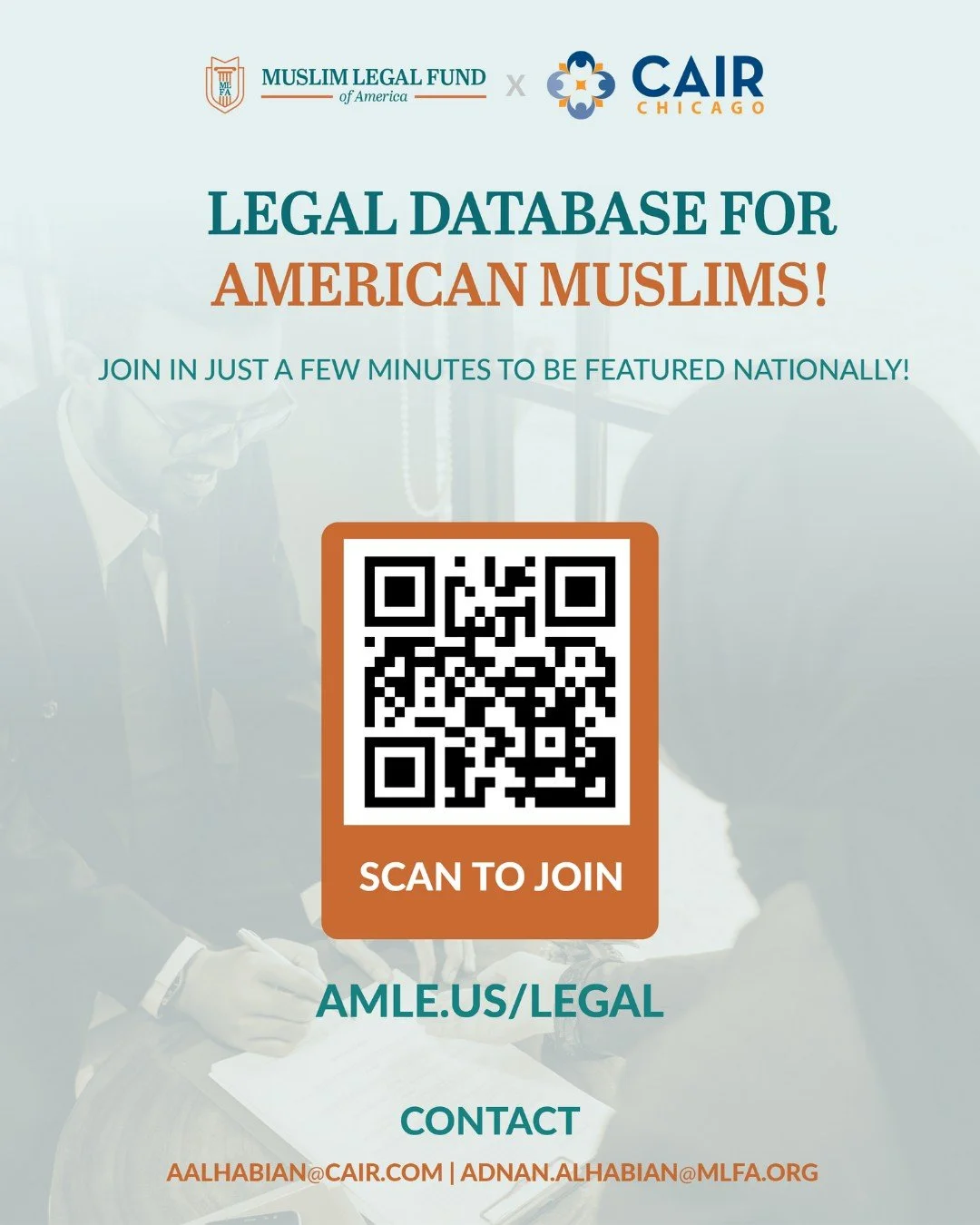 Calling ALL legal partners to join AMLE, a national database network!

By the end of 2025, CAIR-Chicago and the Muslim Legal Fund of America (MLFA), will launch the American Muslim Legal Ecosystem (AMLE) &mdash; the FIRST coordinated, community-power