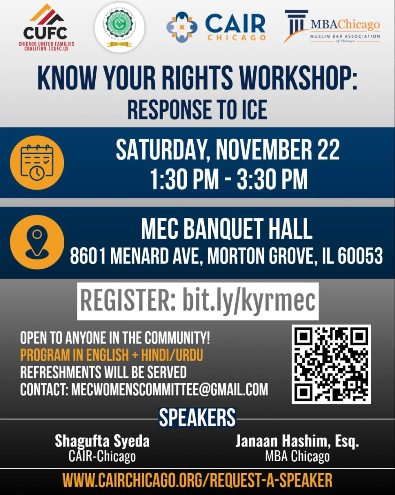 Join CAIR-Chicago and the @muslimbarchgo this SATURDAY, November 22nd at Muslim Education Center (MEC) for an important Know Your Rights Workshop&nbsp;&mdash; open to ALL in the community.
&nbsp;
As dynamics with ICE continue to evolve, staying infor