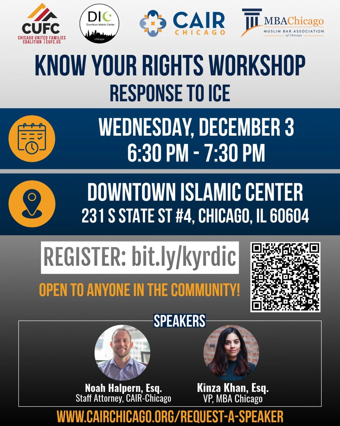 Join CAIR-Chicago and the @muslimbarchgo on Wednesday, December 3rd at Downtown Islamic Center @dic.chicago for an important Know Your Rights Workshop&nbsp;&mdash; open to ALL in the community!
&nbsp;
📅 Wednesday, December 3, 2025
🕒 6:30&ndash;7:30