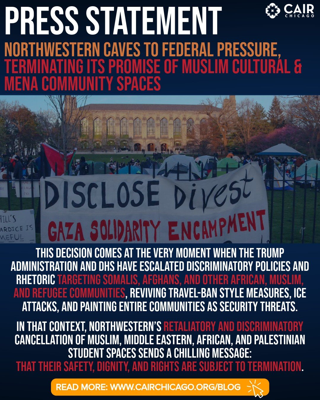Northwestern&rsquo;s reversal represents a troubling capitulation to political pressure and a direct betrayal of the peaceful, good-faith student negotiators &mdash; including Palestinian, Muslim, Arab, African, and many other student activists &mdas