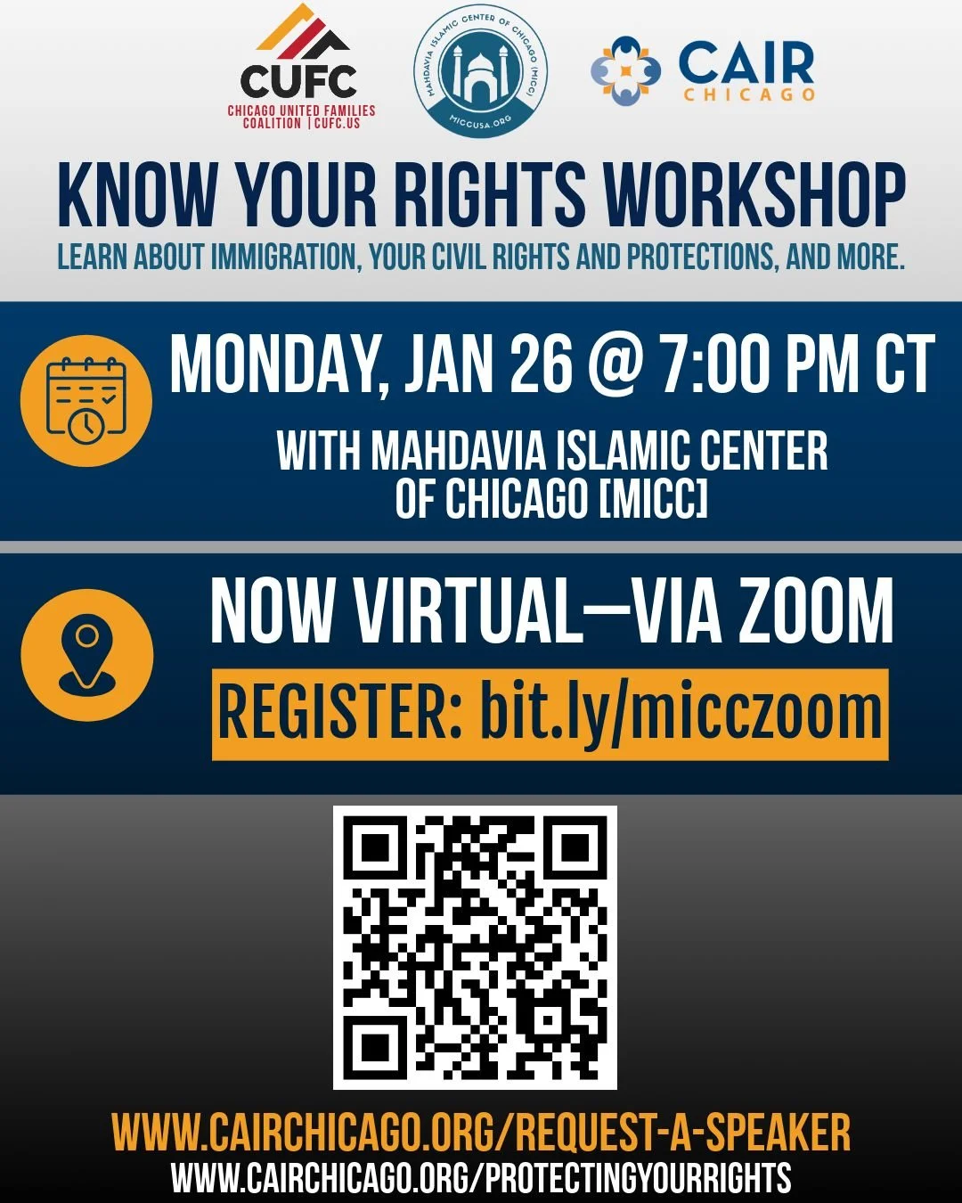 Urgent! Tonight's 'Know Your Rights' has MOVED to a VIRTUAL webinar due to weather, still happening at 7:00 pm CT&mdash;open to ALL in the community! You must register at bit.ly/micczoom

Join CAIR-Chicago and Mahdavia Islamic Center of Chicago (MICC