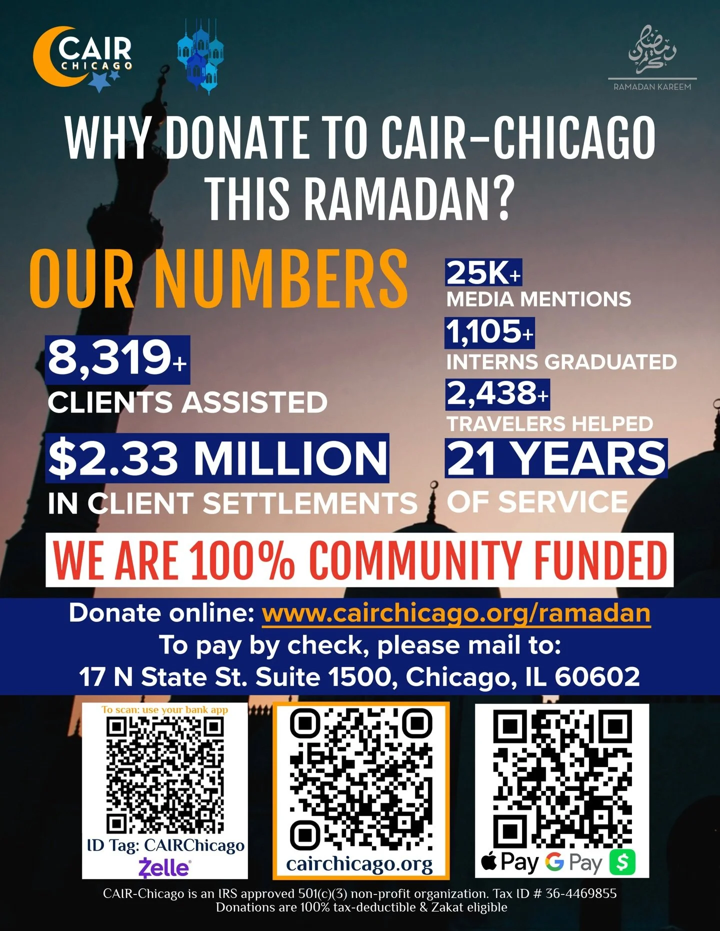 The last 10 blessed nights of Ramadan are here where your reward can be multiplied 🤲

Help us sustain this crucial work of defending your rights! Donations are zakat eligible and tax deductible:
cairchicago.org/ramadan

Every case defended.
Every fa