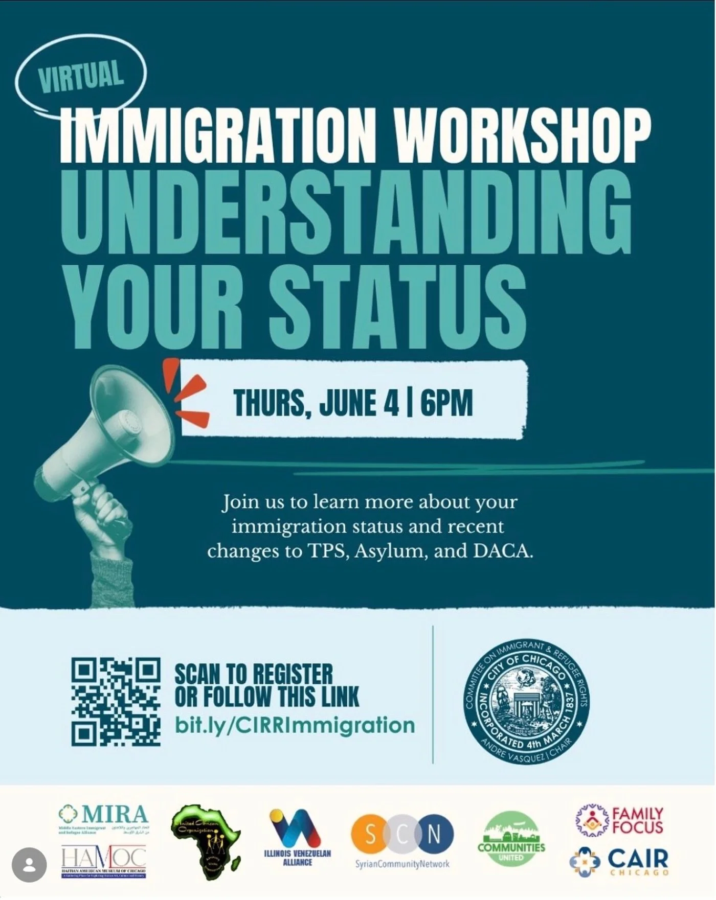 Virtual Immigration Workshop!
&nbsp;
Join CAIR-Chicago &amp; partners in collaboration with the Committee on Immigrant and Refugee Rights on Thursday, June 4th for the next virtual workshop.
&nbsp;
Learn more about your immigration status, the overvi