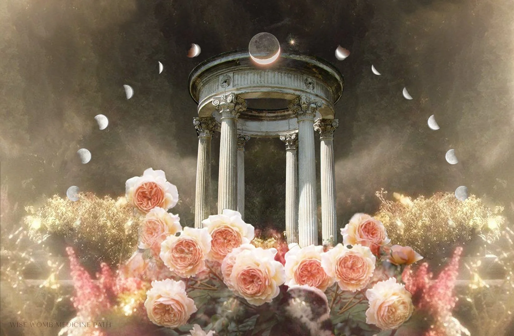 A digital artwork featuring ancient Greek ruins with columns, surrounded by pastel pink roses and gold sparkles, set against a dark, cloudy sky with phases of the moon and a large moon in the background.