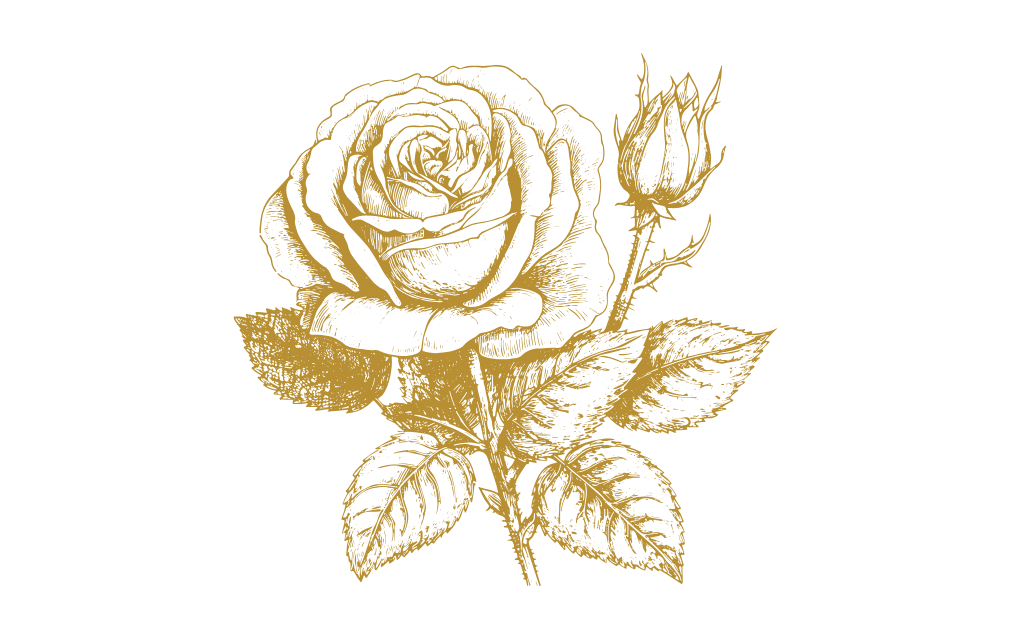 Gold-colored illustration of a rose with leaves and smaller buds on a black background.