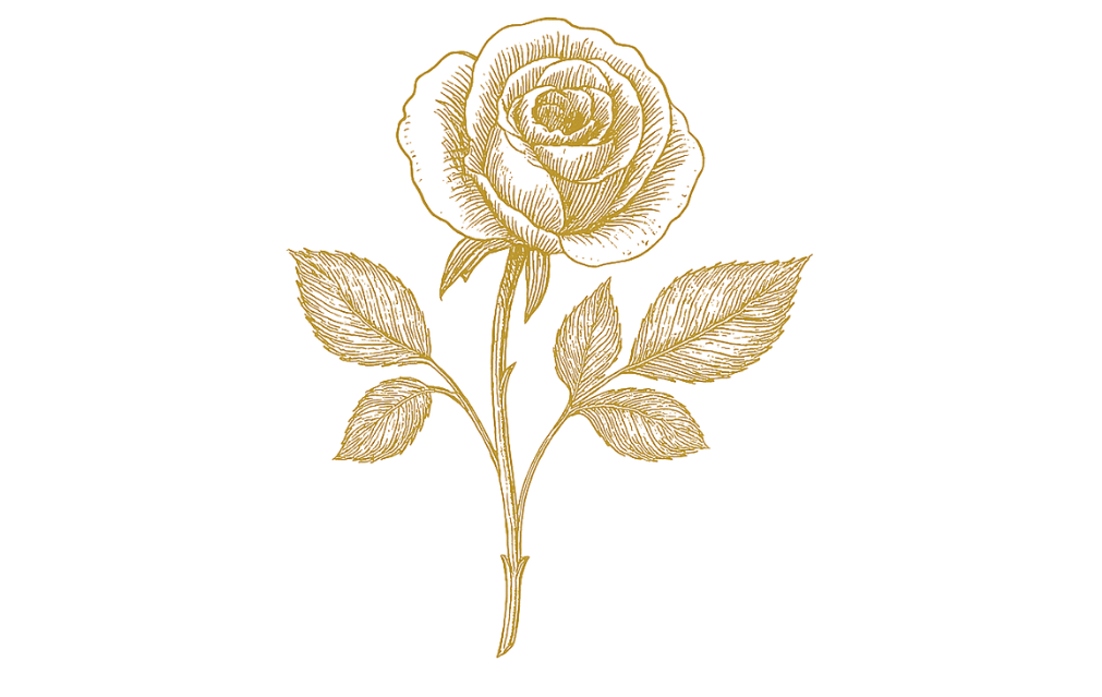A gold embroidered rose with leaves on black background.