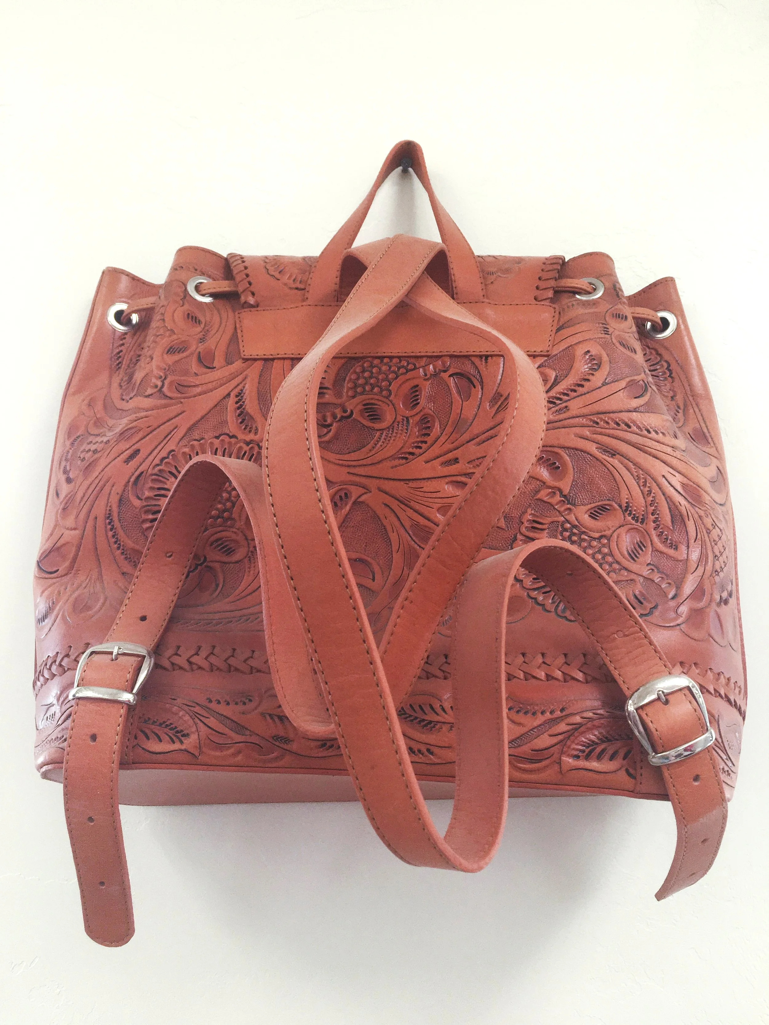 tooled leather backpack purse