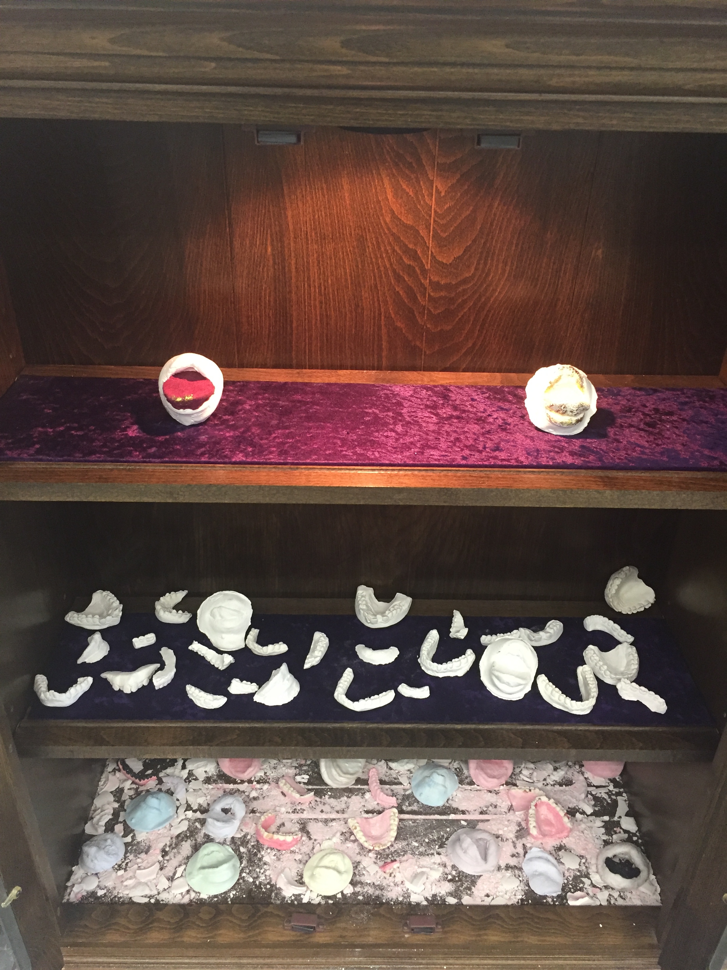  plaster cast teeth and mouths, pins, velvet, flocking, watercolor, gold foil   