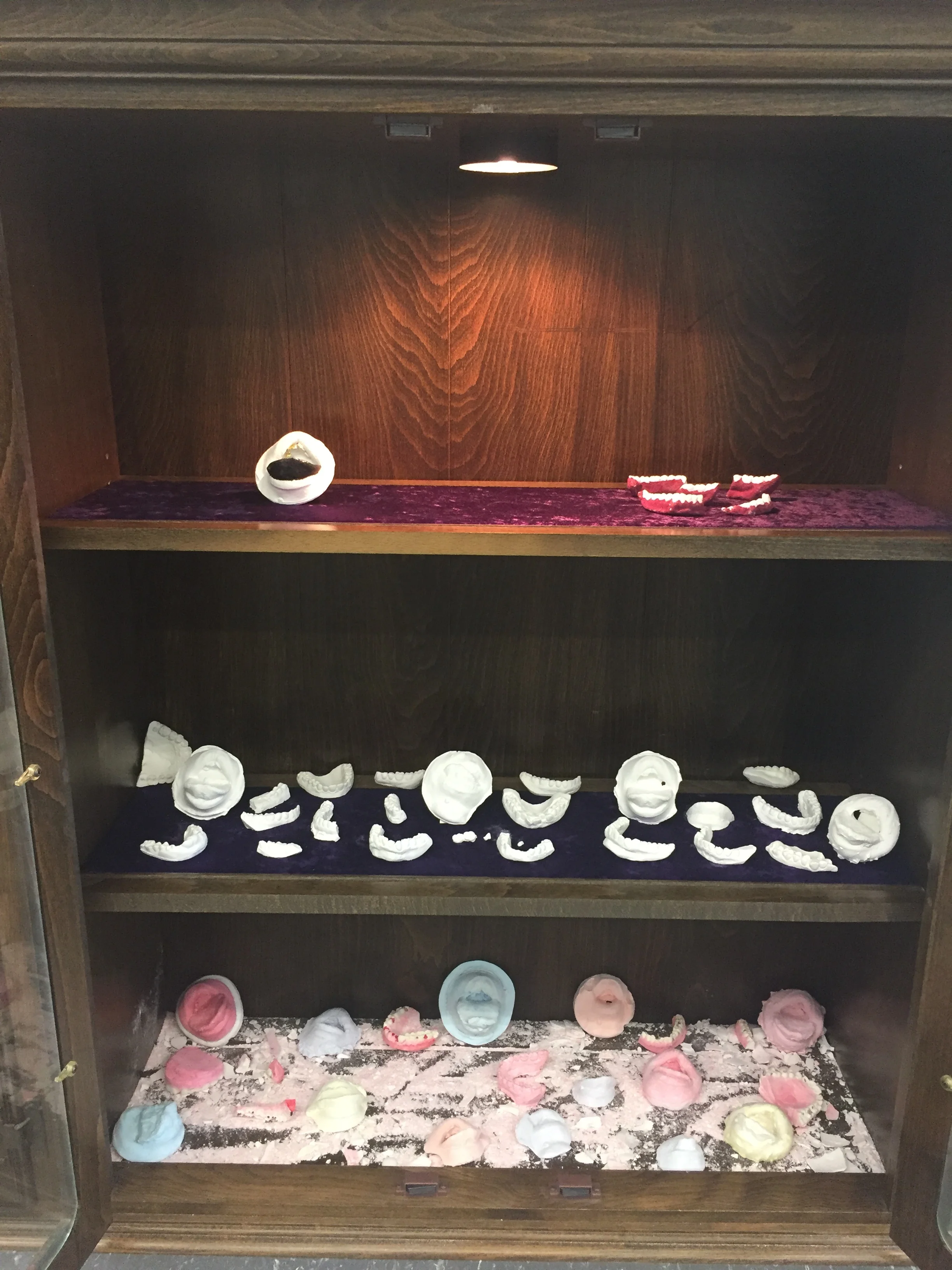  plaster cast teeth and mouths, pins, velvet, flocking, watercolor, gold foil 