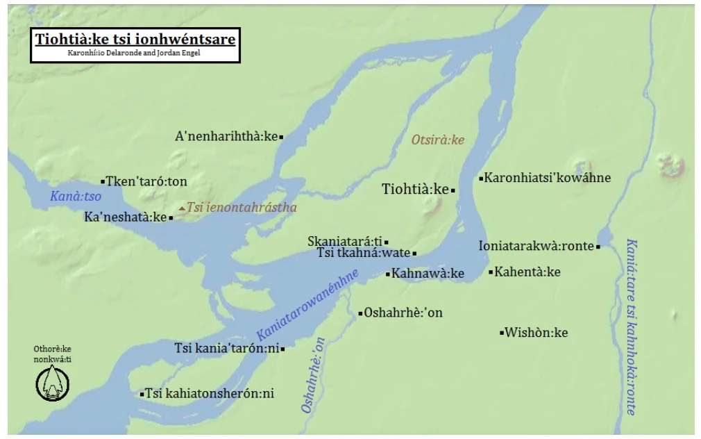 Tiohtià:ke tsi ionhwéntsare (Montréal, Québec) in Kanien’kéha (Mohawk), by Karonhí:io Delaronde and Jordan Engel. ( https://decolonialatlas.wordpress.com/2015/02/04/montreal-in-mohawk/ )