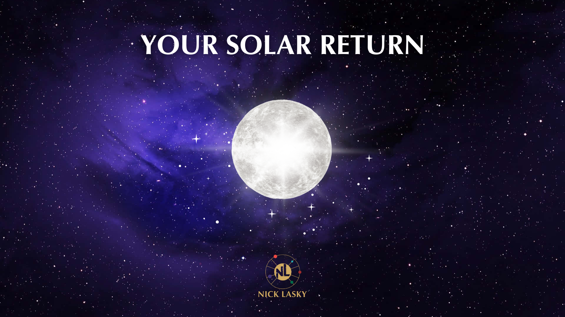 Solar Return astrology course cover showing a radiant sun-like orb glowing in a starry sky, symbolizing yearly renewal and self-discovery.