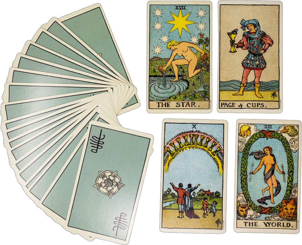 Tarot cards from Nick Lasky’s psychic and astrology readings displayed on a table, representing one-on-one consultations in tarot, astrology, and intuitive guidance.